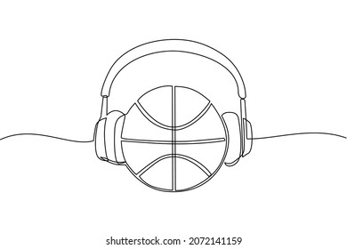 Baloncesto de una sola línea con auriculares. El concepto de icono deportivo de comentarista de baloncesto aislado. Estilo de caricatura plano adecuado para web, banner, pegatina. Vector de diseño de traza de línea continua