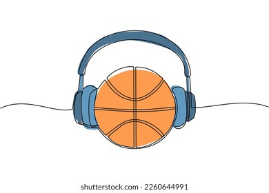 Single one line drawing basketball ball with headphone. Basketball commentator sport icon concept isolated. Flat cartoon style suitable for web, banner, sticker. Continuous line draw design vector