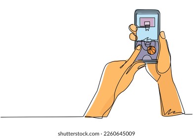 Aplicación en línea de un solo dibujo de baloncesto de baloncesto. Baloncesto móvil. Juego deportivo móvil. Juego de baloncesto en línea con aplicación móvil en vivo. Ilustración vectorial de dibujo de línea continua