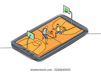 Pista de baloncesto de una sola línea con dos jugadores en la pantalla del smartphone. Juego de baloncesto en línea, e-sport móvil. Juego de baloncesto en línea con aplicación móvil en vivo. Vector de diseño de traza de línea continua