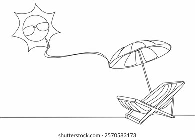 Single one line drawing beach chairs and beach umbrellas on top of which is the sun wearing sunglasses. Summer vacation. Relax. International Sun Day. Continuous line design graphic illustration