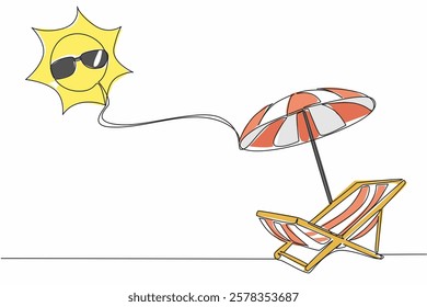 Single one line drawing beach chairs and beach umbrellas on top of which is the sun wearing sunglasses. Summer vacation. Relax. International Sun Day. Continuous line design graphic illustration