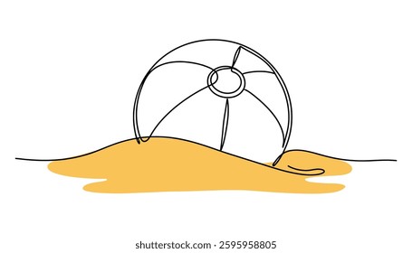 Single one line drawing of beach ball in sand. Summer beach concept. Continuous line drawing design graphic vector illustration