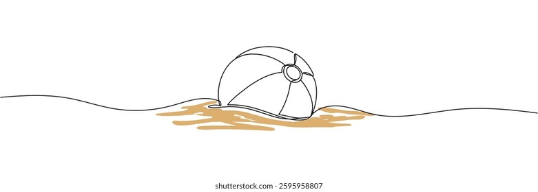 Single one line drawing of beach ball in sand. Summer beach concept. Continuous line drawing design graphic vector illustration