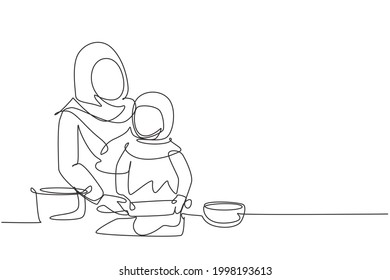 Single one line drawing beautiful young Arabian mom and her cute little daughter are playing and smiling while baking in kitchen at home. Modern continuous line draw design graphic vector illustration