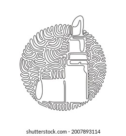 Single one line drawing beautiful lipstick. Glamor shiny red lipstick. Women's open red lipstick. Swirl curl circle background style. Modern continuous line draw design graphic vector illustration