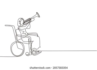 Single one line drawing beautiful female in wheelchair playing trumpet during music lesson. Physically disabled. Person in hospital. Rehabilitation center patient. Continuous line design vector