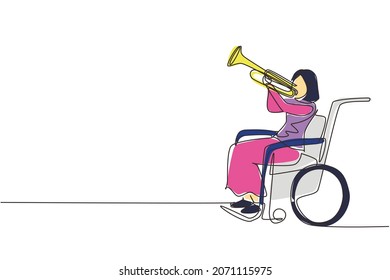 Single one line drawing beautiful female in wheelchair playing trumpet during music lesson. Physically disabled. Person in hospital. Rehabilitation center patient. Continuous line design vector