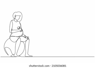 Single one line drawing beautiful young pregnant woman exercises with fitball working out with light weights in the gym. fitness, pregnancy concept. Modern continuous line draw design graphic vector