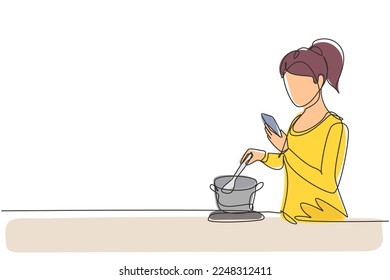 Dibujar una sola línea, una hermosa esposa está cocinando mientras mira el tutorial en un smartphone. Aprende a cocinar con tecnología moderna. Preparar comida. Ilustración gráfica de diseño de trazos de línea continua