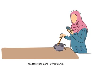 Single one line drawing beautiful Arab woman hold plastic cup and drink iced green tea with straw. Make her refreshing in summer season. Modern continuous line draw design graphic vector illustration
