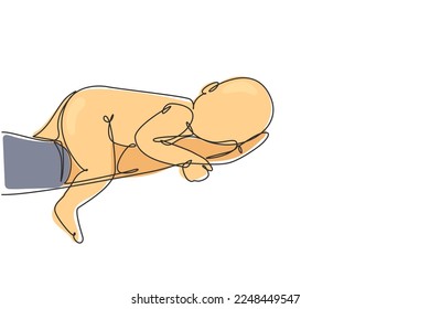 Single one line drawing beautiful new born baby resting on mom's hand. Tiny newborn baby's and female hands. Happy mom and her child. Modern continuous line draw design graphic vector illustration