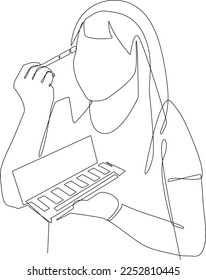 Single one line drawing beautiful young girl apply blush with cosmetic brush in her face. Cosmetology activity concept. Continuous line draw design graphic vector illustration.