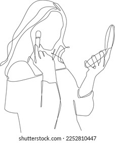 Single one line drawing beautiful young girl apply blush with cosmetic brush in her face. Cosmetology activity concept. Continuous line draw design graphic vector illustration.