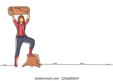 Single one line drawing beautiful woman lumberjack holding downed log. Wearing suspender shirt, jeans and boots, posing with one foot on tree stump. Continuous line draw design vector illustration