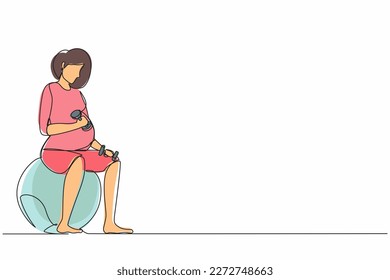 Single one line drawing beautiful young pregnant woman exercises with fitball working out with light weights in the gym. fitness, pregnancy concept. Modern continuous line draw design graphic vector