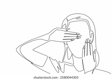 Single one line drawing the beautiful and fashionable woman covers her cheeks and eyes with her hands. Look different and full of confidence. Nail Day. Continuous line design graphic illustration