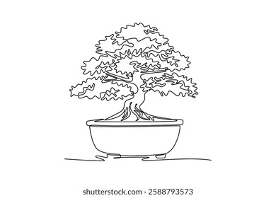 Single one line drawing beautiful and exotic Japan bonsai tree. Decorative old small banyan tree concept for home decor wall art poster. Modern continuous line draw design graphic vector illustration