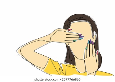 Single one line drawing the beautiful and fashionable woman covers her cheeks and eyes with her hands. Look different and full of confidence. Nail Day. Continuous line design graphic illustration