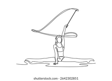 Single one line drawing beautiful and flexible graceful athlete rhythmic gymnastic artist dancing, doing stretch exercises. Beauty, art, sport. Continuous line draw design graphic vector illustration