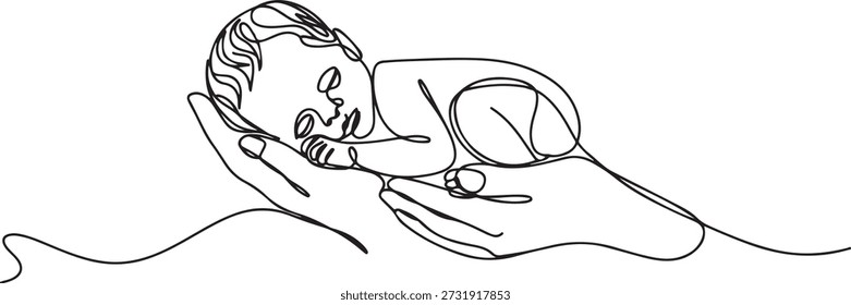 Uma única linha desenhando lindo bebê recém-nascido descansando na mão da mãe. Pequenas mãos de recém-nascidos e de mulheres. Feliz mãe e seu filho. Uma linha Ícone desenho
