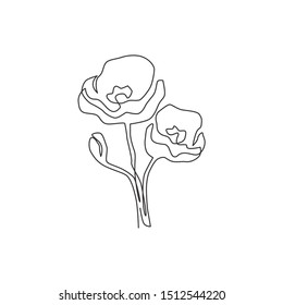 Single one line drawing beauty fresh herbaceous plant for home decor wall art poster. Printable decorative poppy flower for symbol of remembrance. Continuous line draw design vector illustration
