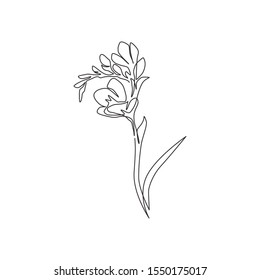 Single one line drawing of beauty fresh freesia for garden logo. Decorative of herbaceous flower concept for home wall decor poster print art. Modern continuous line draw design vector illustration