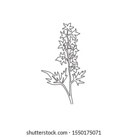 Single One Line Drawing Beauty Fresh Larkspur For Garden Logo. Decorative Of  Perennial Delphinium Concept For Home Wall Decor Art Poster Print. Modern Continuous Line Draw Design Vector Illustration