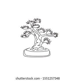 Single one line drawing of beauty and exotic mini bonsai tree for wall decor poster art print. Decorative potted old bend plant for plant shop. Modern continuous line draw design vector illustration
