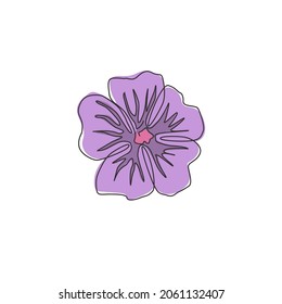 Single one line drawing beauty fresh purple mallow for garden logo. Printable decorative malva sylvestris flower for home decor wall art poster. Modern continuous line draw design vector illustration