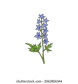 Single One Line Drawing Beauty Fresh Larkspur For Garden Logo. Decorative Of  Perennial Delphinium Concept For Home Wall Decor Art Poster Print. Modern Continuous Line Draw Design Vector Illustration