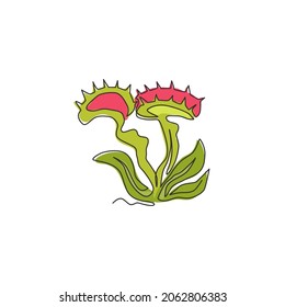 Single one line drawing of beauty fresh venus flytrap for home wall decor art poster print. Decorative of dionaea muscipula for video game enemy. Modern continuous line draw design vector illustration