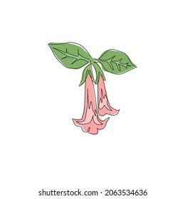 Dibujo de una sola línea de belleza brugmansia fresca para el logo del jardín. El concepto de flor de trompeta de ángel decorativo para la decoración casera estampado de afiches de arte en la pared. Ilustración de diseño de traza continua moderna