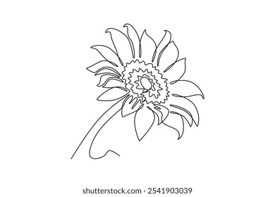 Uma única linha desenhando belo girassol fresco para o logotipo do parque. Decorativo helianthus primavera flor conceito para parede decoração casa cartaz arte. Desenho de linha contínua moderna desenho gráfico vetor ilustração