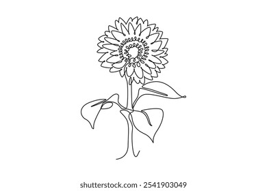 Um único desenho de linha de girassol fresco de beleza para o logotipo do jardim. Helianthus decorativo imprimível conceito flor de verão parede decoração poster. Ilustração de vetor gráfico de design de desenho de linha contínua