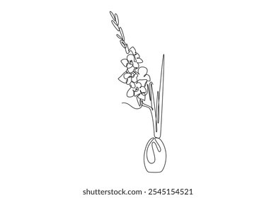 Um único desenho de linha de gladiolus fresco de beleza para decoração de arte de parede de casa. Cartaz imprimível espada decorativa gladius flor conceito. Desenho de linha contínua moderna desenho gráfico vetor ilustração