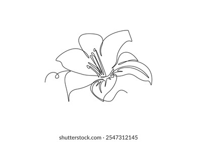Single one line drawing of beauty fresh lilium for home wall decor poster. Printable decorative true lilies flower for greeting card ornament. Continuous line draw design graphic vector illustration