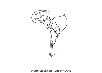 Um único desenho de linha de beleza fresco arum lily para parede decoração home poster art. decorativo impresso zantedeschia flor para ícone verde parque. Ilustração de vetor gráfico de design de desenho de linha contínua