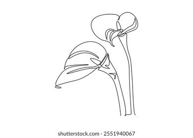Single one line drawing of beauty fresh arum lily for garden logo. Printable decorative zantedeschia flower concept for home wall decor poster. Continuous line draw design graphic vector illustration