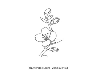 Single one line drawing of beauty fresh cherry blossom for home decor wall art print poster. Decorative sakura flower concept for card ornament. Continuous line draw design graphic vector illustration