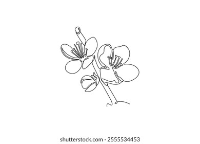 Single one line drawing beauty fresh cherry blossom for garden logo. Printable decorative sakura flower for home wall decor art poster. Modern continuous line draw design graphic vector illustration