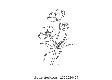 Single one line drawing of beauty fresh ranunculus for home decor wall art poster. Printable decorative buttercup flower greeting card ornament. Continuous line draw design graphic vector illustration