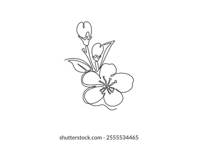 Single one line drawing beauty cherry blossom tree for home art wall decor poster print. Decorative sakura plant for national park logo. Modern continuous line draw design graphic vector illustration
