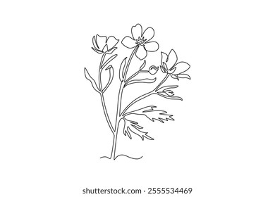 Single one line drawing beauty buttercup fresh top view for home decol wall poster. Printable decorative ranunculus flower for green park icon. Continuous line draw design graphic vector illustration