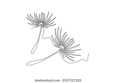 Single one line drawing beauty fresh taraxacum for home decor wall art poster. Printable decorative dandelion flower concept for greeting card. Continuous line draw design graphic vector illustration