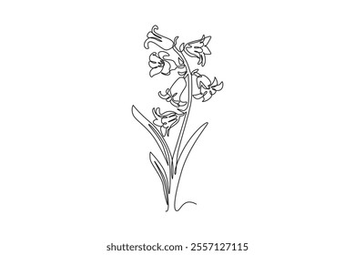 Single one line drawing beauty fresh bulbous perennial plant for home wall decor art poster print. Decorative bluebell flower for wedding card. Continuous line draw design graphic vector illustration