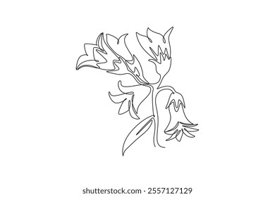 Single one line drawing of beauty fresh perenial plant for home art wall decor poster print. Printable decorative bluebell flower card ornament. Continuous line draw design graphic vector illustration