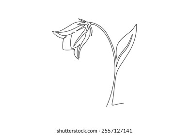 Single one line drawing of beauty fresh perenial plant for home art wall decor poster print. Printable decorative bluebell flower card ornament. Continuous line draw design graphic vector illustration