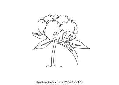 Single one line drawing of beauty fresh herbaceous plant for garden logo. Printable decorative peony flower concept for fashion fabric textile. Continuous line draw design graphic vector illustration