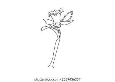 Single one line drawing beauty fresh narcissus for garden logo. Printable decorative daffodil flower concept for wedding invitation card. Modern continuous line draw design graphic vector illustration